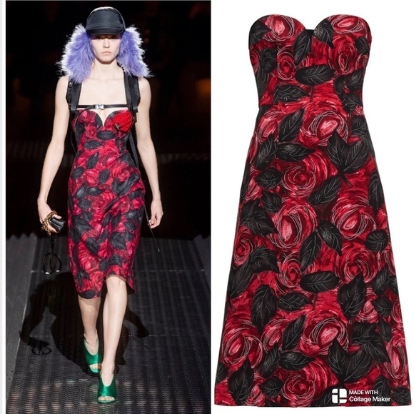 Prada red floral crepe cady midi dress in red - Picture 1 of 14